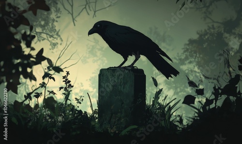 A crow perches on a stone in a misty forest. photo