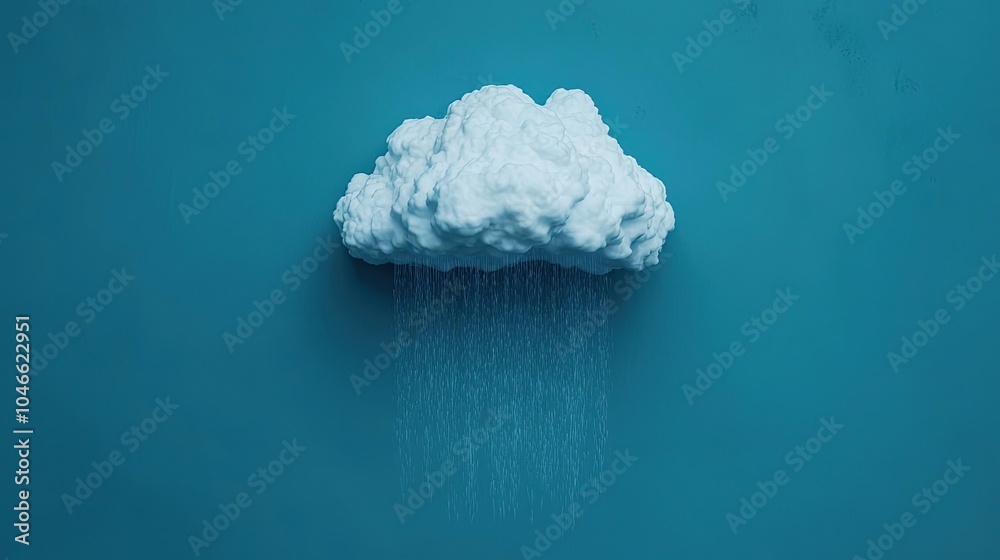 Fototapeta premium Fluffy white cloud with raindrops against a teal background.