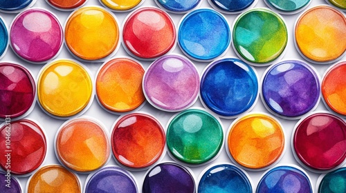 A vibrant array of watercolor paint pots in various colors, showcasing red, blue, yellow, and purple hues.