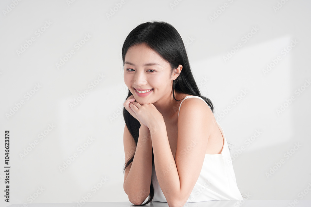 光と影の背景で撮影をしたキュートな女性のナチュラルな美容イメージ 光と影の背景で撮影をしたキュートな女性のナチュラルな美容イメージ