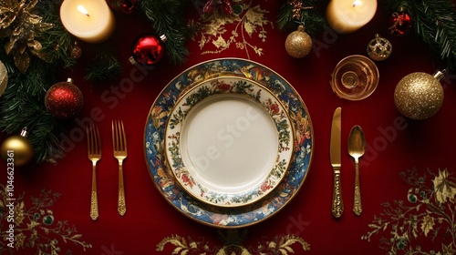 Elegant Christmas Dining Scene with Ornate Table Setting photo