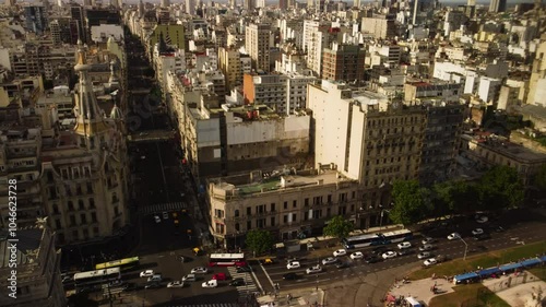 Big intersection in Buenos Aires, traffic, historic part of the city, beautiful tower