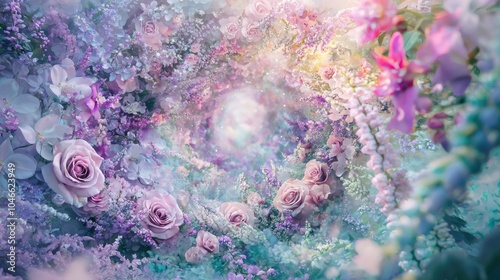Radiant Explosion of Vibrant Floral Blooms in a Dreamlike Fantasy Landscape