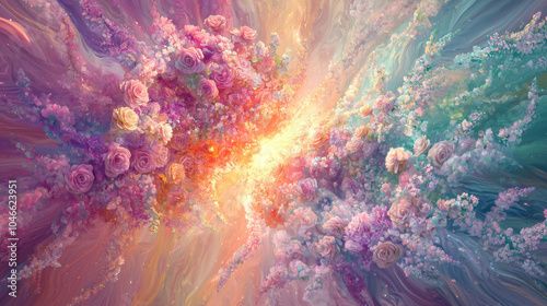 Radiant Floral Lightburst   A Captivating Explosion of Vibrant Flowers and Cosmic Energy