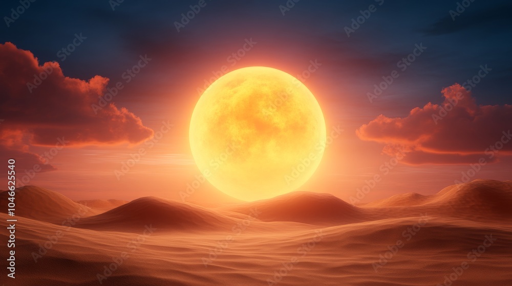 Fototapeta premium Golden sun setting over serene desert landscape