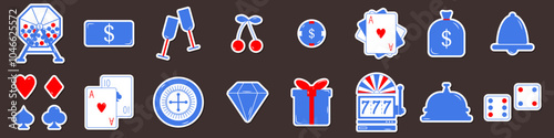 Colorful icon sticker set featuring various symbols associated with casinos and gambling, including slot machines, dice, and playing cards.