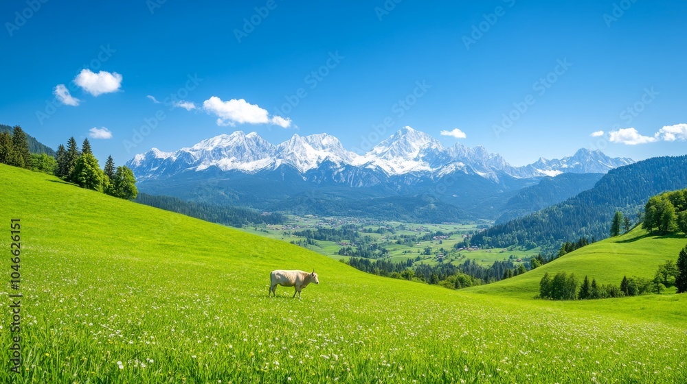 Fototapeta premium Serene alpine landscape with grazing cow and snow-capped peaks