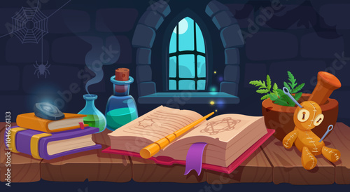 Mystical spellcasting table.  Magic books, a magic wand, potions, a voodoo doll, and mystical herbs on a wooden table in a dark wizard’s room. A fantasy vector illustration
