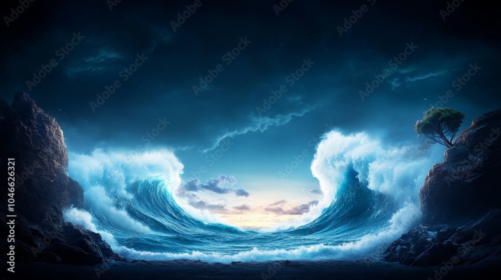 Naklejka premium Majestic ocean waves crashing against rocky cliffs at sunset