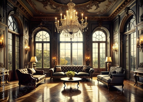 Opulent Vintage Room with Classic Furniture, Large Windows, Mirrors, Chandeliers, and Sophisticated Sofa for Luxury Fashion Photography