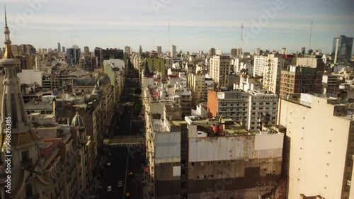 Long busy road in Buenos Aires, drone panorama, city streets,