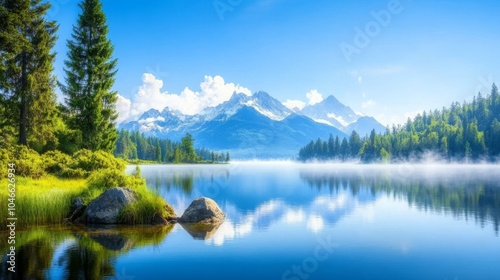 Serene mountain lake reflecting a clear blue sky