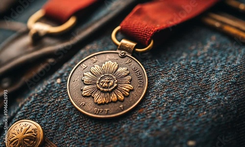 A close-up of a medal with a floral design and red ribbon. photo