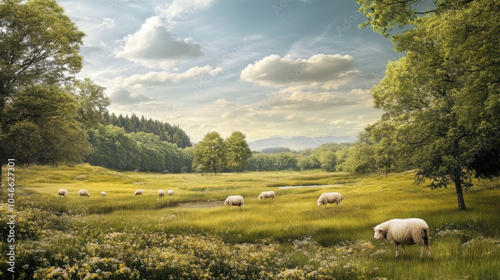 Fototapeta premium A peaceful countryside scene with sheep grazing in a meadow.