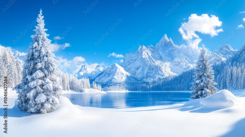 Obraz premium Serene winter landscape with snow-covered mountains and lake