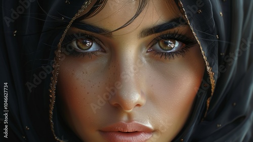 A close-up reveals a woman with mesmerizing eyes wearing a black headscarf, showcasing elegance and cultural identity in delicate lighting