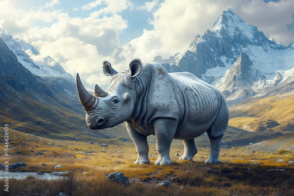 Fototapeta premium A rhino standing in a grassy field with mountains in the background