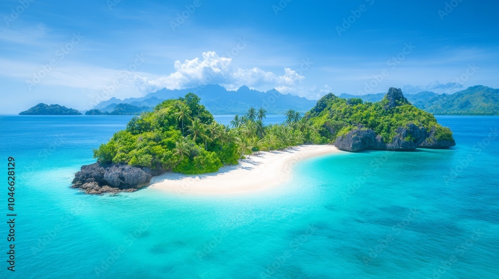 Naklejka premium Tropical paradise with crystal-clear waters and lush greenery