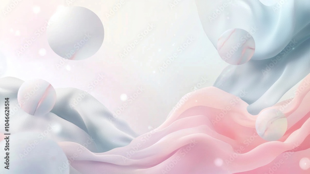Flowing pastel fabric with floating spheres, creating an elegant and dynamic background for beauty, fashion, or tech projects Flowing pastel fabric with floating spheres, creating an elegant and dynamic background for beauty, fashion, or tech projects