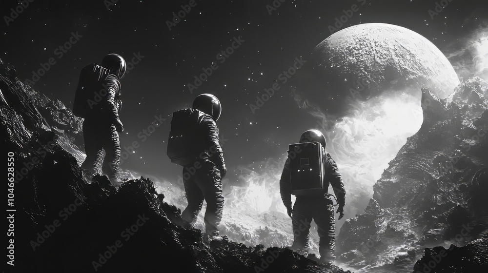 Astronauts explore a rugged alien moon, surrounded by distant planets and stars in a stark black-and-white landscape. The scene evokes mystery and space exploration. AI generative. Astronauts explore a rugged alien moon, surrounded by distant planets and stars in a stark black-and-white landscape. The scene evokes mystery and space exploration. AI generative.