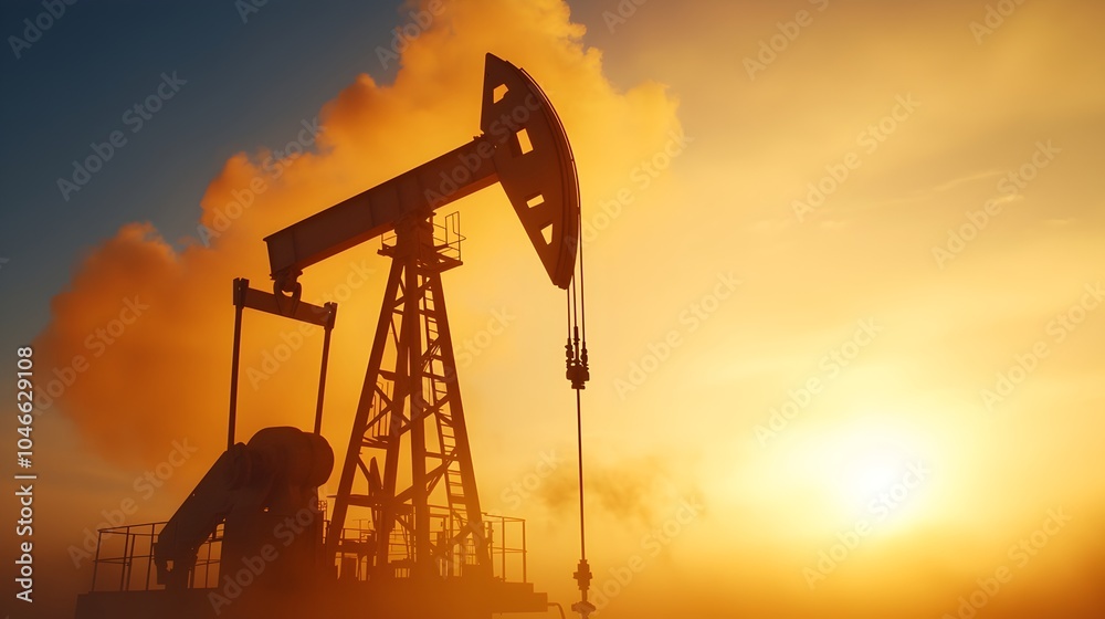 Night Operation on Oil Platform - Illuminated Pump Jack and Oil Barrel Under Floodlights Mechanical Parts Glimmering in Dusty Air Night Operation on Oil Platform - Illuminated Pump Jack and Oil Barrel Under Floodlights Mechanical Parts Glimmering in Dusty Air