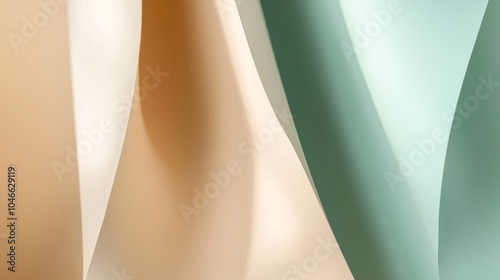 Abstract background with smooth beige and green paper sheets forming elegant lines and curves, creating a delicate and sophisticated visual