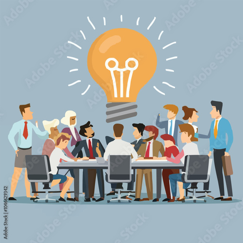 Colleagues Exchanging Ideas with Speech Bubbles Connected to a Central Lightbulb.