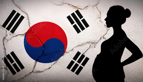 Silhouette of pregnant woman with South Korea flag on crack wall background, South Korea's current population decline. pregnant women in South Korea.