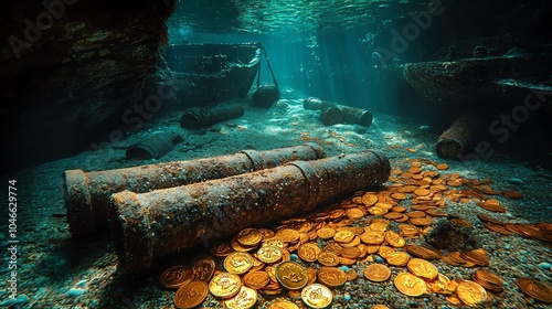 Sunken pirate ship graveyard, scattered gold coins, barnacle-covered cannons, ghostly underwater fog, deep sea exploration lighting