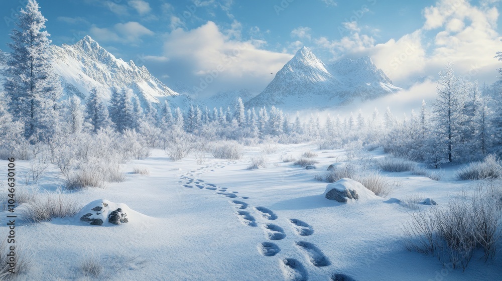 A snowy mountain path with footprints leading towards the peaks under a blue sky with clouds. A snowy mountain path with footprints leading towards the peaks under a blue sky with clouds.