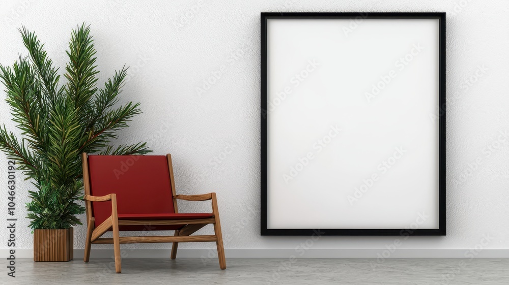 A modern interior scene featuring a blank picture frame beside a red chair and a green plant against a textured wall. A modern interior scene featuring a blank picture frame beside a red chair and a green plant against a textured wall.