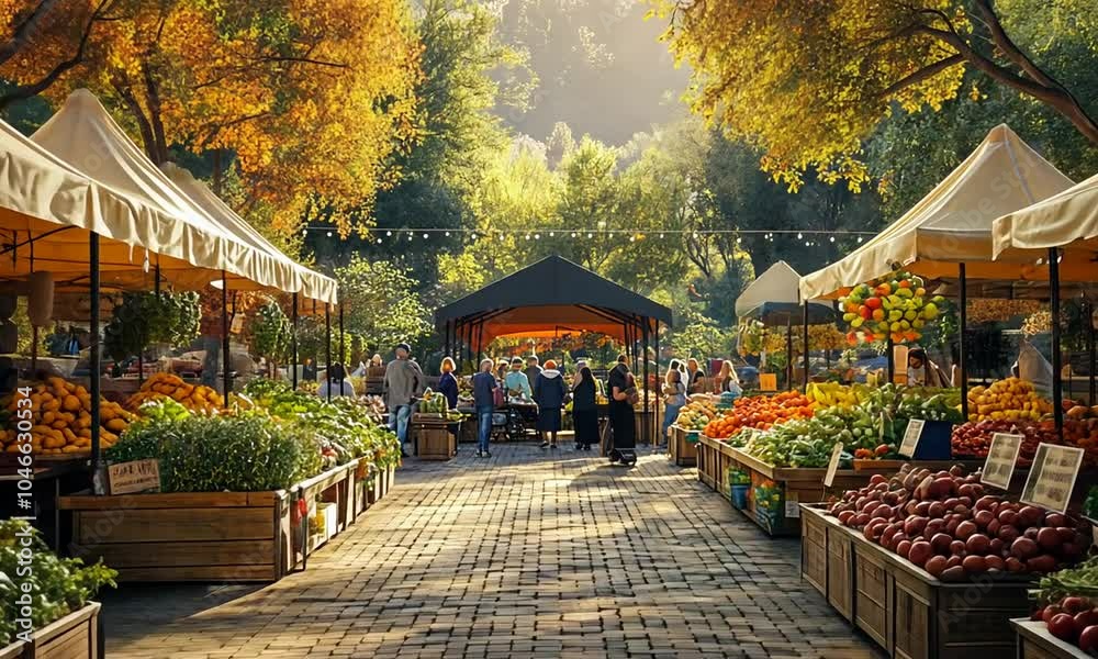 Vibrant outdoor market with fresh produce and autumn foliage. Vibrant outdoor market with fresh produce and autumn foliage.
