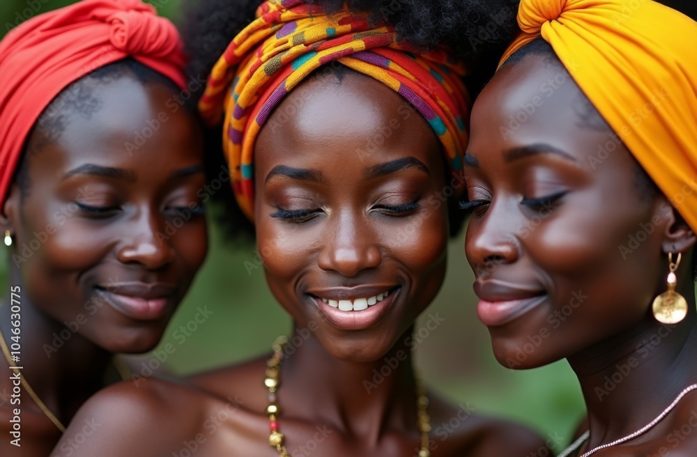 Three smiling women wearing vibrant headwraps in red, orange, and multicolored patterns, embracing cultural heritage and unity Three smiling women wearing vibrant headwraps in red, orange, and multicolored patterns, embracing cultural heritage and unity