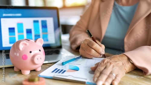 An elderly person sits thoughtfully at a sleek desk in a minimalist home office, planning retirement savings. financial planning,future, security,pension, investment,autonomy, independence,optimism photo