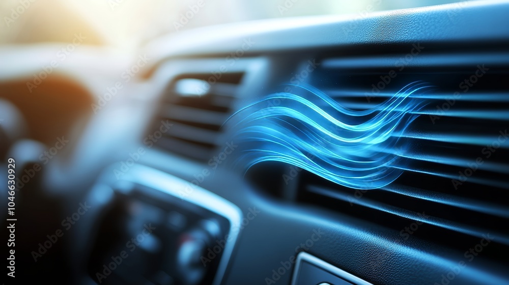 Close-up Of Car Air Conditioning Vent Blowing Cool Air, Automotive Climate Control System. Close-up Of Car Air Conditioning Vent Blowing Cool Air, Automotive Climate Control System.