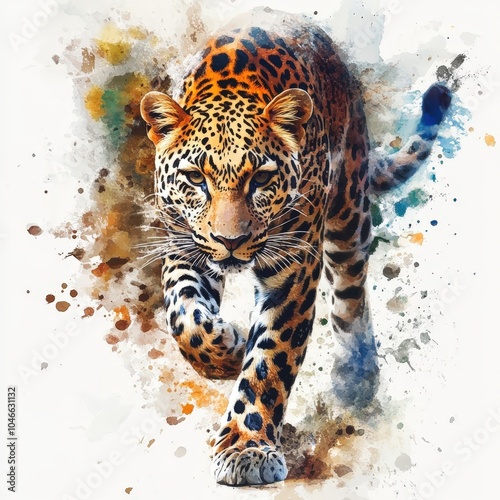 A majestic leopard walking towards the viewer, displaying vibrant spots and dynamic movement against a colorful splash backdrop.