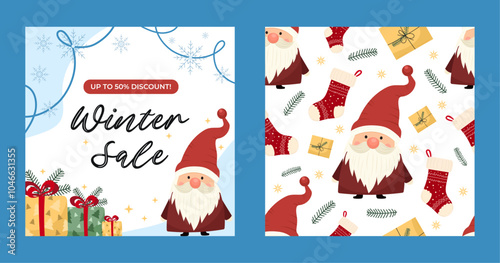 Festive winter set with sale banner and seamless Christmas Santa pattern. Cute Santa gnome, snowflake and gifts illustrations in Christmas spirit joy concept. For holiday sale banners, flyers, prints.