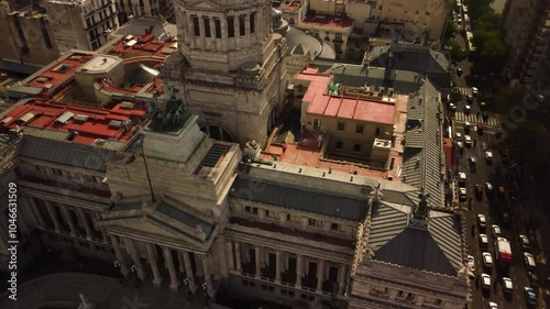 A panorama of the front side of a national congress palace, drone view