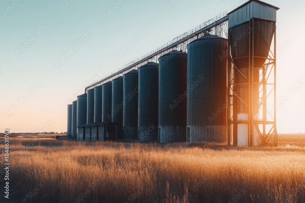 Towering Silos in the Golden Field at Sunset Towering Silos in the Golden Field at Sunset