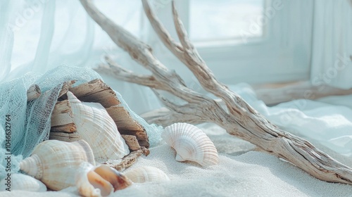 Serene beach scene with driftwood, seashells, and blue netting, perfect for a peaceful getaway. Light pastel colors add brightness and calmness. Enjoy the soothing vibes of summer vacation