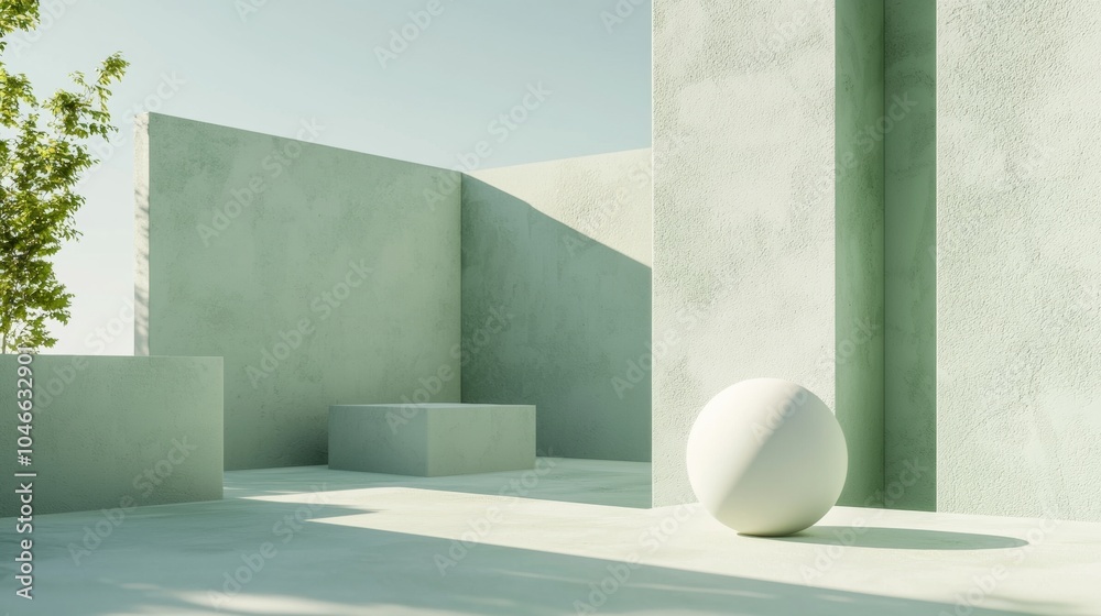 Bright green concrete wall with a sphere and square podiums is bathed in sunlight in this minimalist product display. The simplicity of the design creates a calm and modern feel Bright green concrete wall with a sphere and square podiums is bathed in sunlight in this minimalist product display. The simplicity of the design creates a calm and modern feel