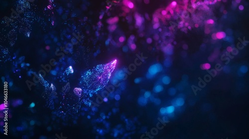 Glowing particles form leaf shapes in a dark blue and purple abstract background, blending nature and technology with a touch of artistry