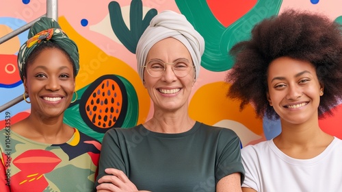 A vibrant multi-ethnic group of artists collaborating and building a community in an urban space filled with colorful murals during a sunny afternoon photo