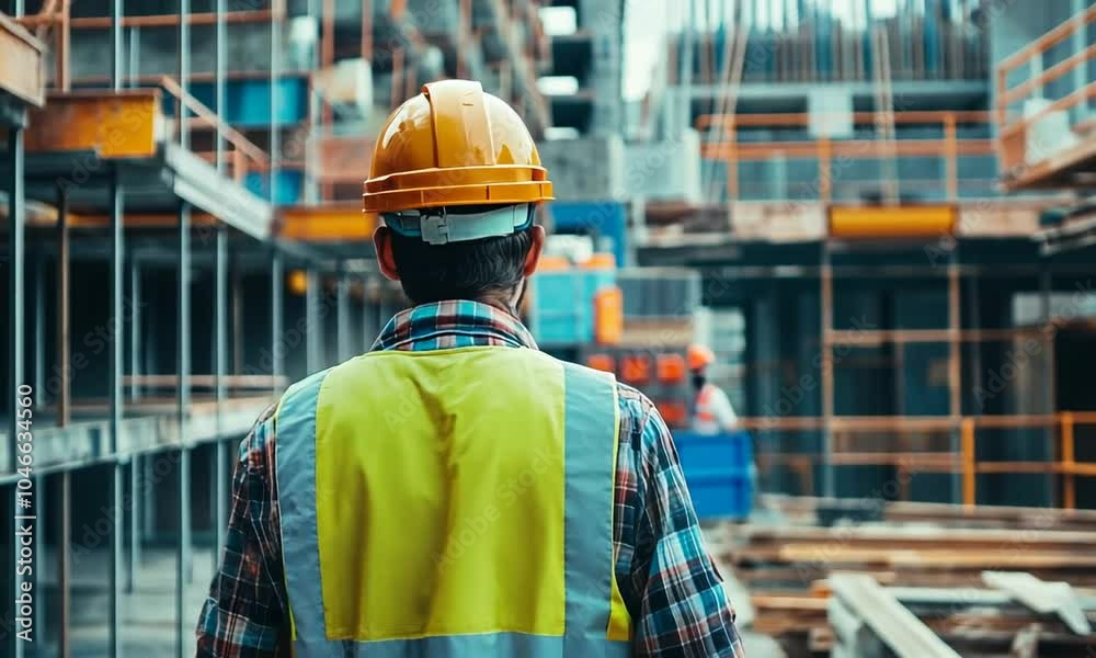 A construction worker in a safety vest and helmet observes a construction site. A construction worker in a safety vest and helmet observes a construction site.