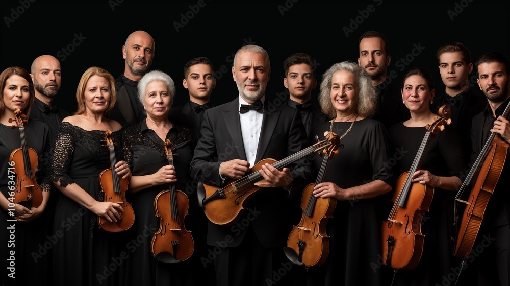 Obraz premium Youth orchestra performs a captivating concert with musicians of diverse backgrounds, showcasing their talent and passion for music in an elegant setting