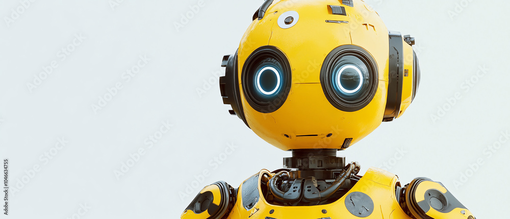 Closeup Portrait of a Yellow Robot with Blue Eyes Closeup Portrait of a Yellow Robot with Blue Eyes