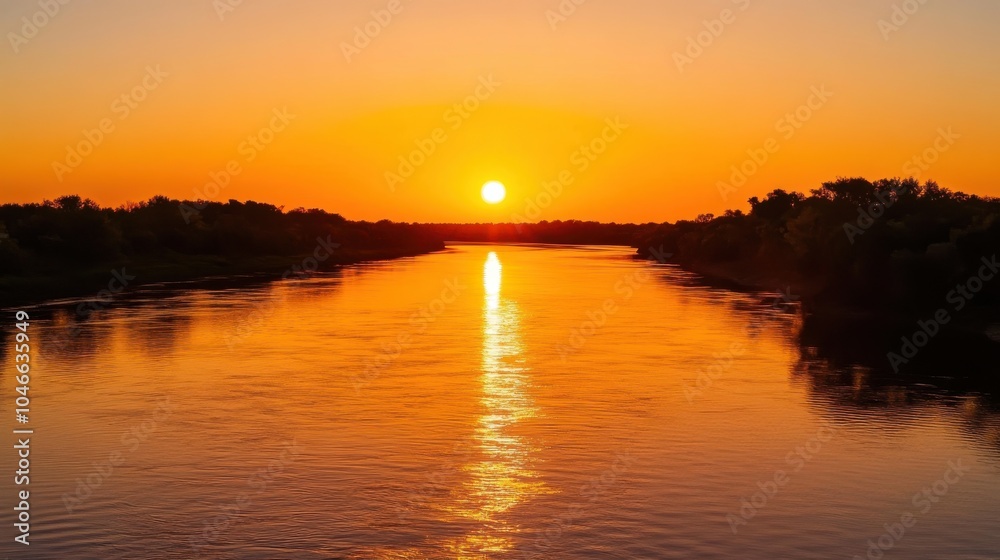 Naklejka premium A deep orange sunset over a calm river.