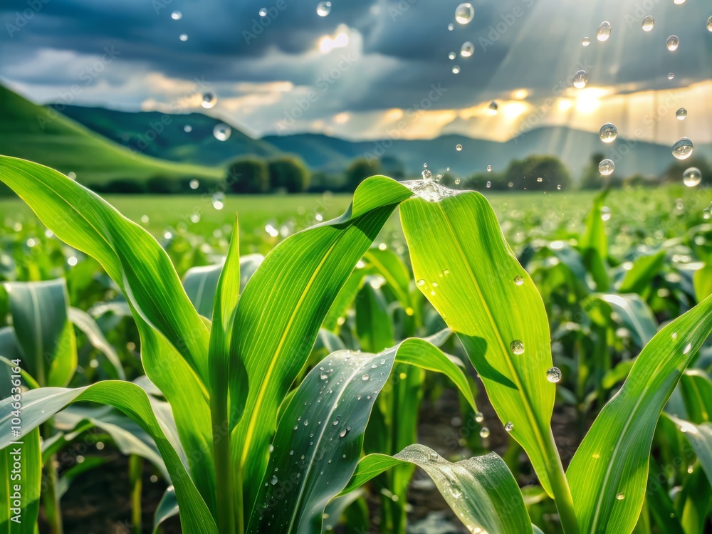 Fototapeta premium Rain on Corn in Green Field - High Depth of Field, Nature, Agriculture, Freshness, Water Drops, Natural Beauty, Farming, Rural, Crops, Green Landscape, Vibrant, Growth, Environment 