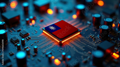 A Taiwan flagged microchip is centered on a circuit board, surrounded by illuminated components, symbolizing role in semiconductor innovation and technology leadership. photo