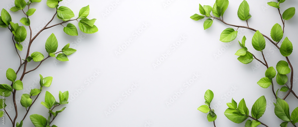 Fresh Green Leaves Border Frame on White Background Fresh Green Leaves Border Frame on White Background